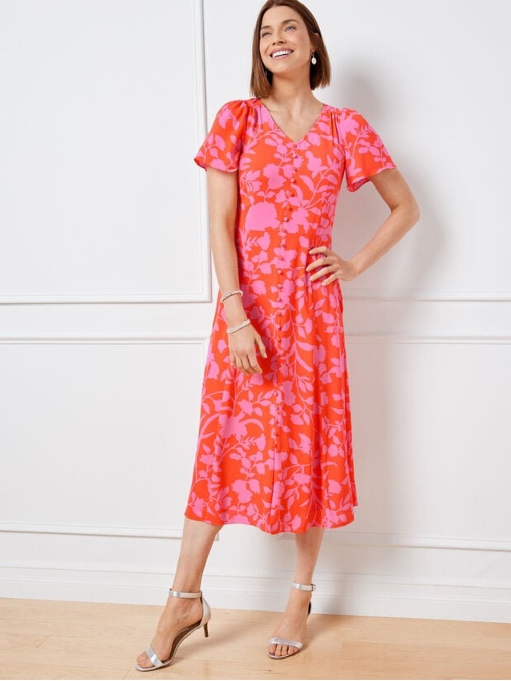 Talbots Vibrant Pink-Orange Floral Dress. 12P.